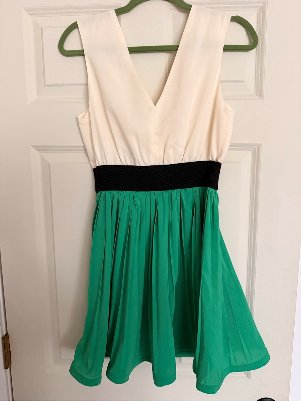 Double Zero Cream, Black & Green Sleeveless V-Neck Mini Dress